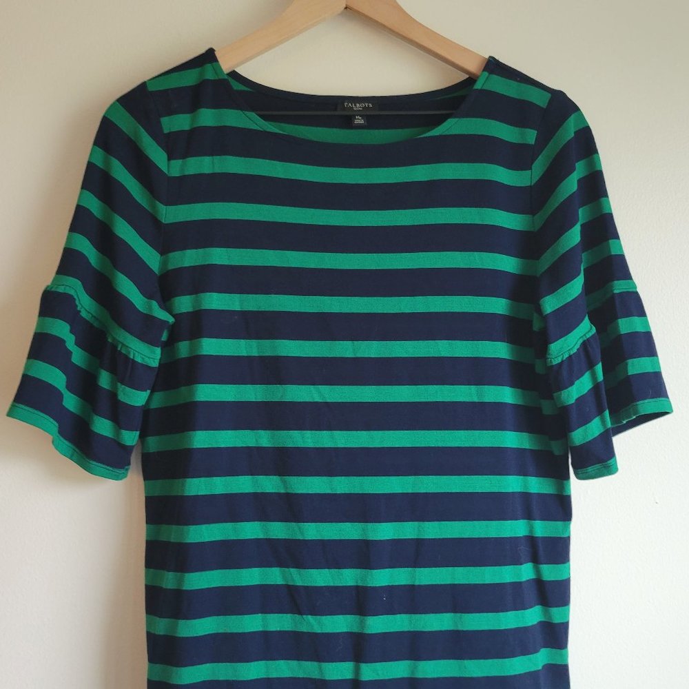Talbots Petite M Green Navy Stripe Tee Fun Sleeve